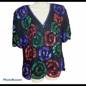 Stenay Vintage Sequined 80’s Top Floral Roses Bling Blouse